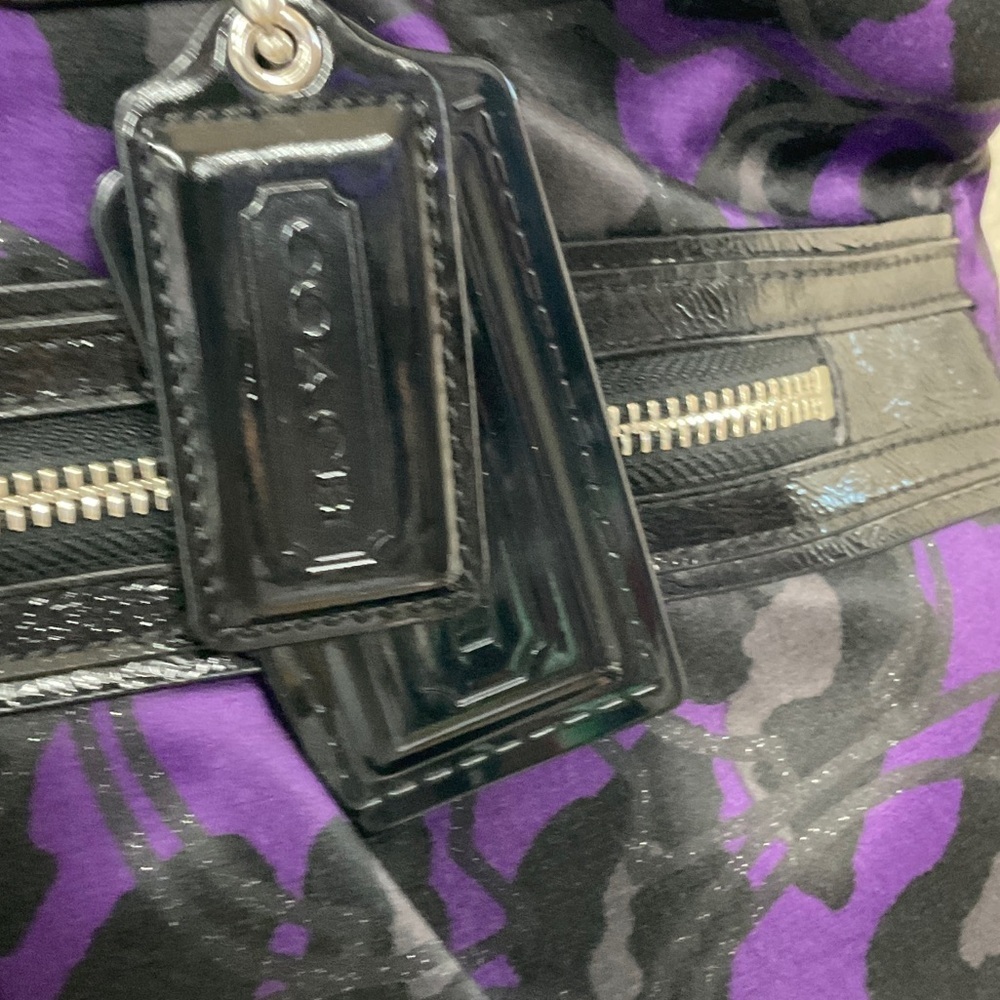 Coach Black and Purple EUC Animal Print Tote, small cracks on handles. - Picture 5 of 6